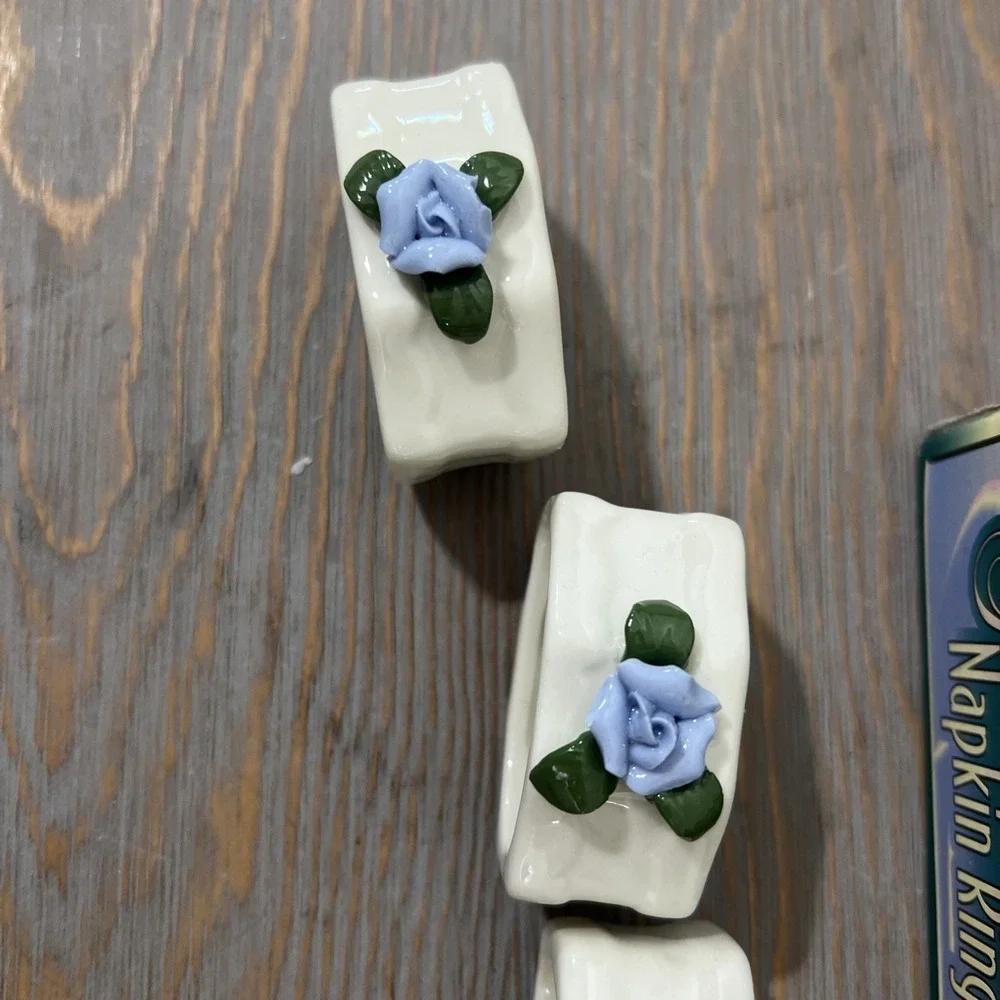 Vintage Genuine PORCELAIN Blue Rose‎ NAPKIN RING Set CLOTH Linen Holders FLOWER